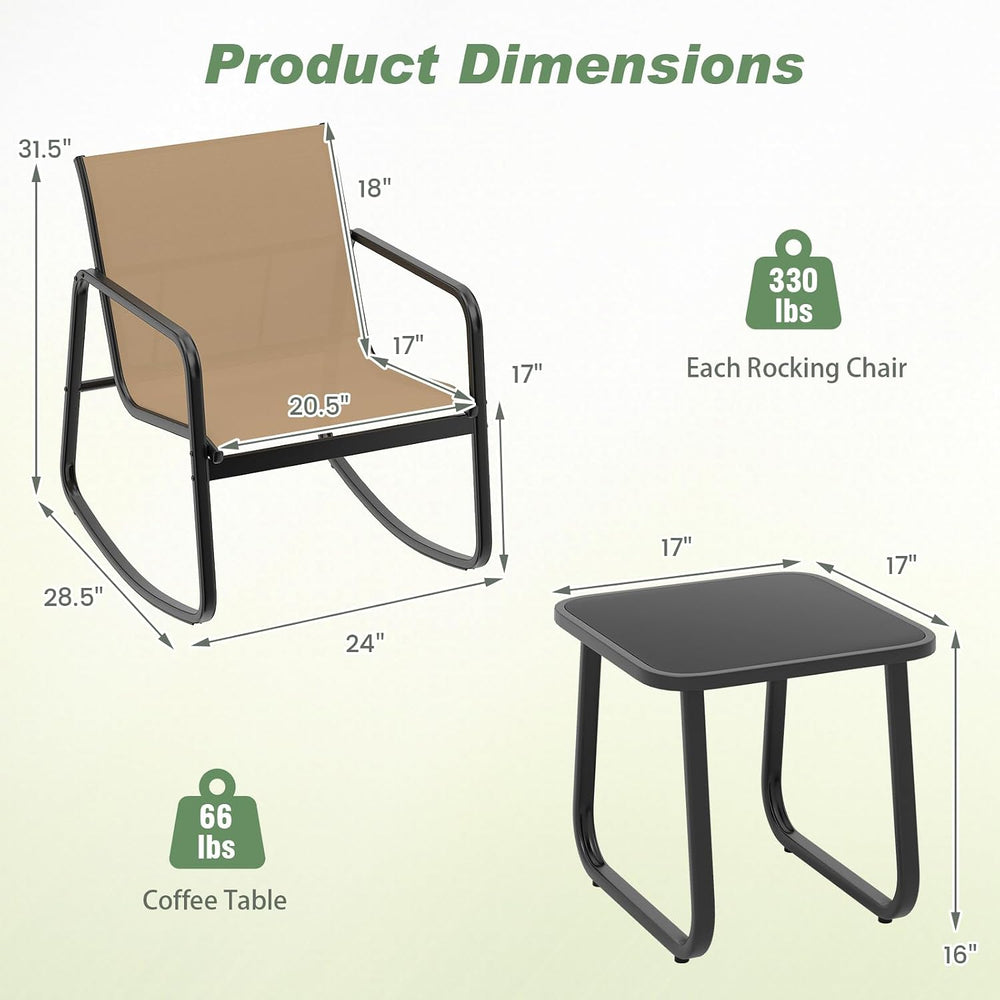 HAPPYGRILL 3 Pieces Patio Rocking Bistro Set with Glass-Top Table, Rocking Bi...