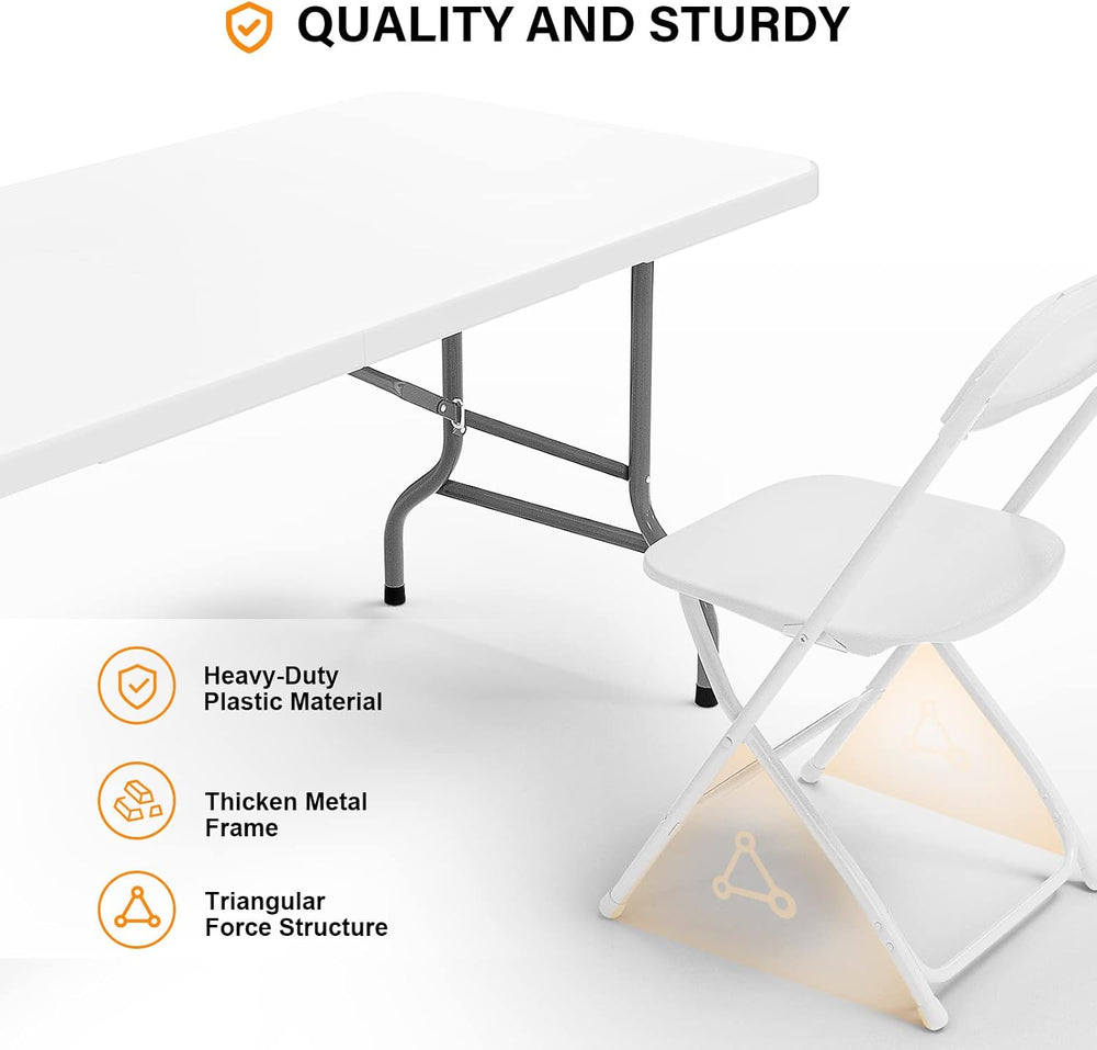 VINGLI 6 FT Plastic Folding Table Set with 6 White Folding Chairs for Picnic,...