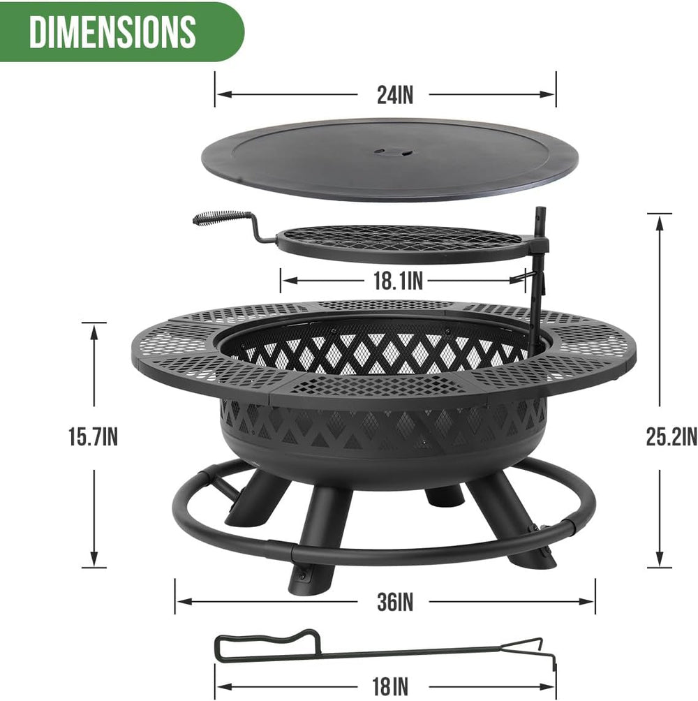 Panovue Outdoors 36 Inch Fire Pit with Grill 3-in-1 Fire Pits for Outside