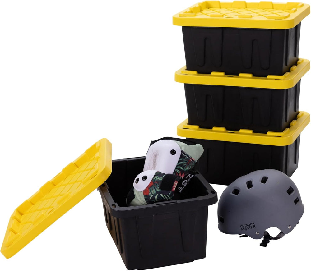 Plastic 5-Gallon Storage Tote with Lockable Lid, 4-Pack - Black/Yellow
