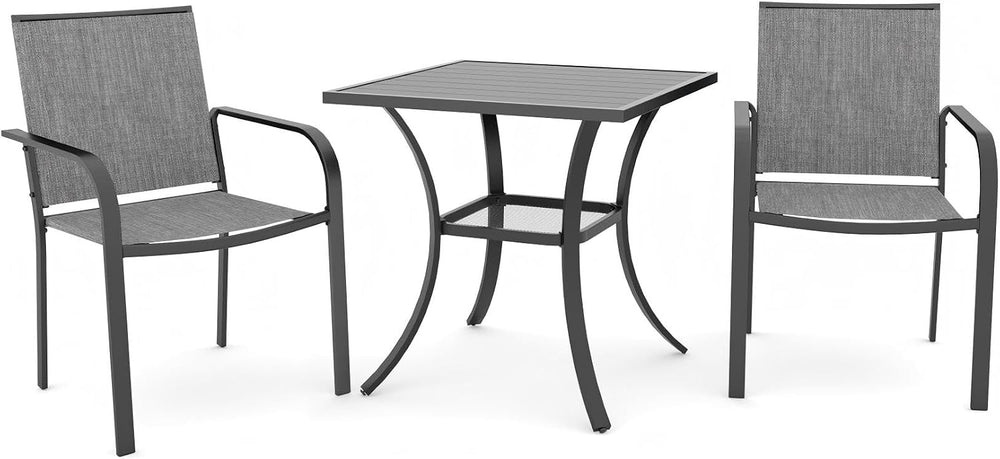 Outdoor Bistro Set for 2, Stackable Chairs & Square Table, Gray