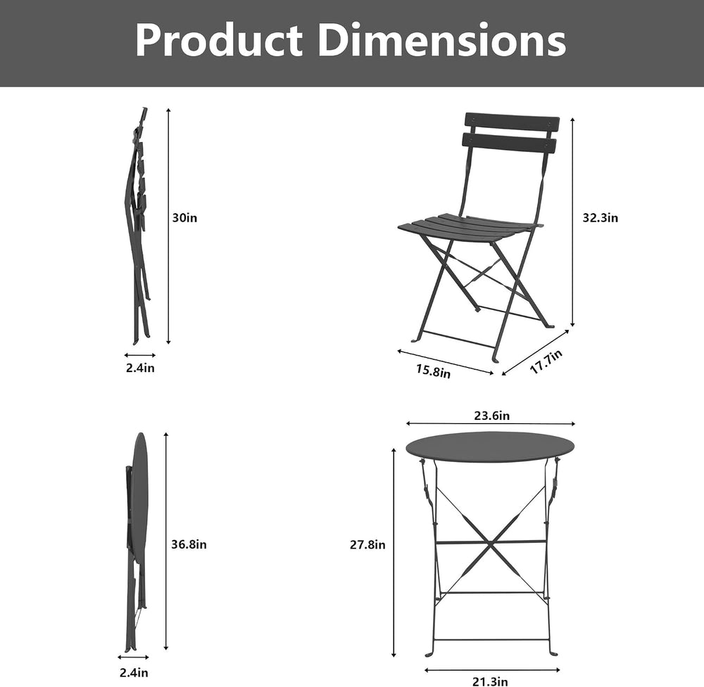 3 Piece Outdoor Bistro Set, Black Folding Table & Chairs for 2