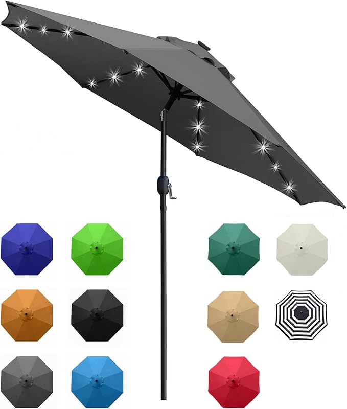 Sunnyglade 9' Solar LED Lighted Umbrella with 8 Ribs Adjustment and Crank...