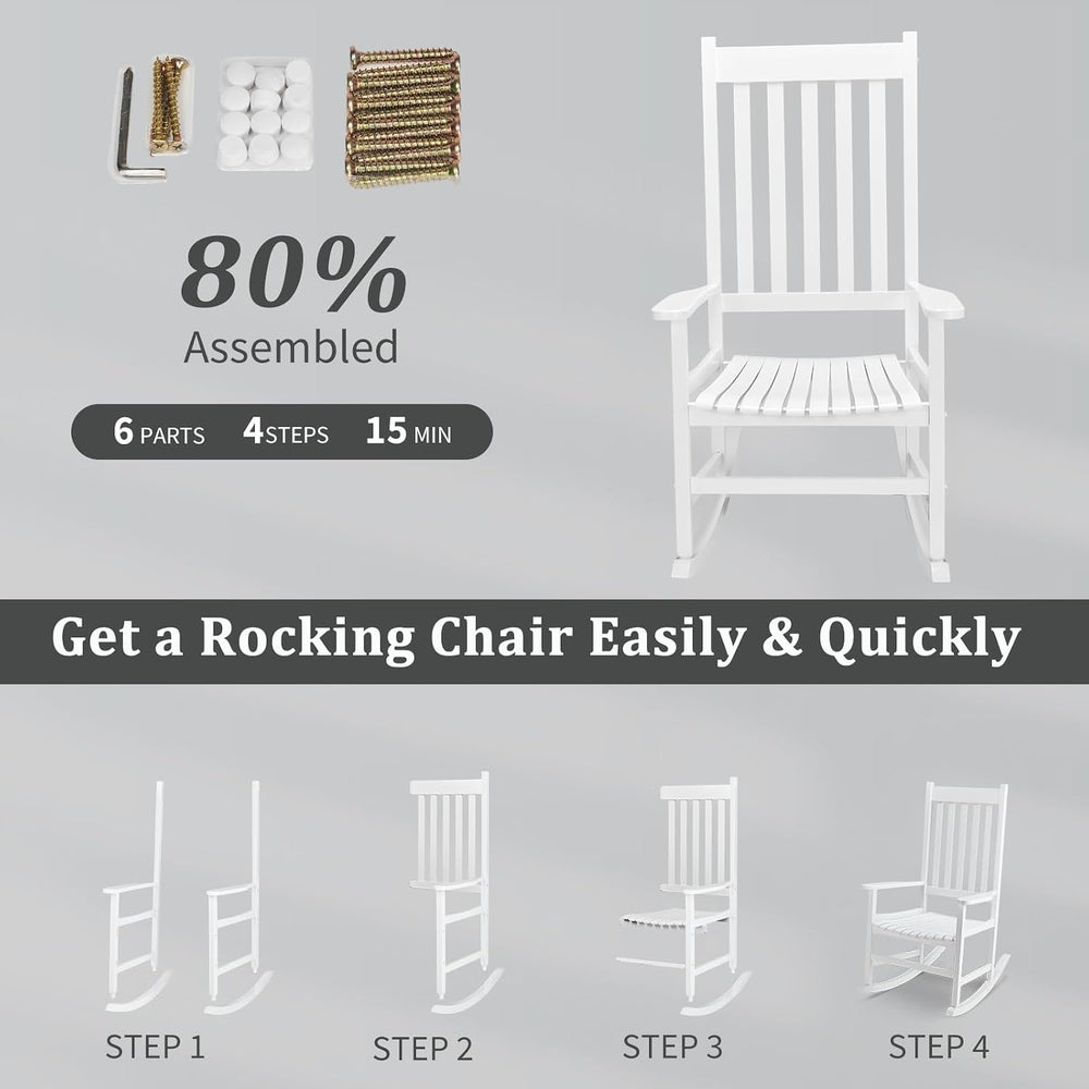 Outvita Outdoor Rocking Chair, Solid Wood High Back Porch Rocker, White