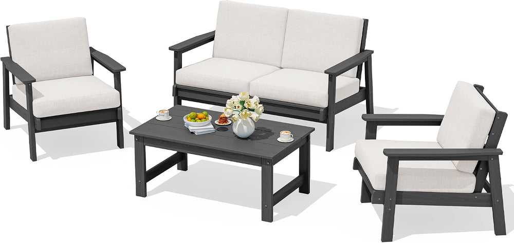 SERWALL 4 Piece HDPE Outdoor Furniture Set, All Weather Outdoor Sofa Couch