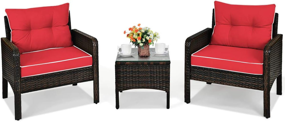HAPPYGRILL 3 Pieces Patio Furniture Set, Outdoor Rattan Wicker Conversation S...