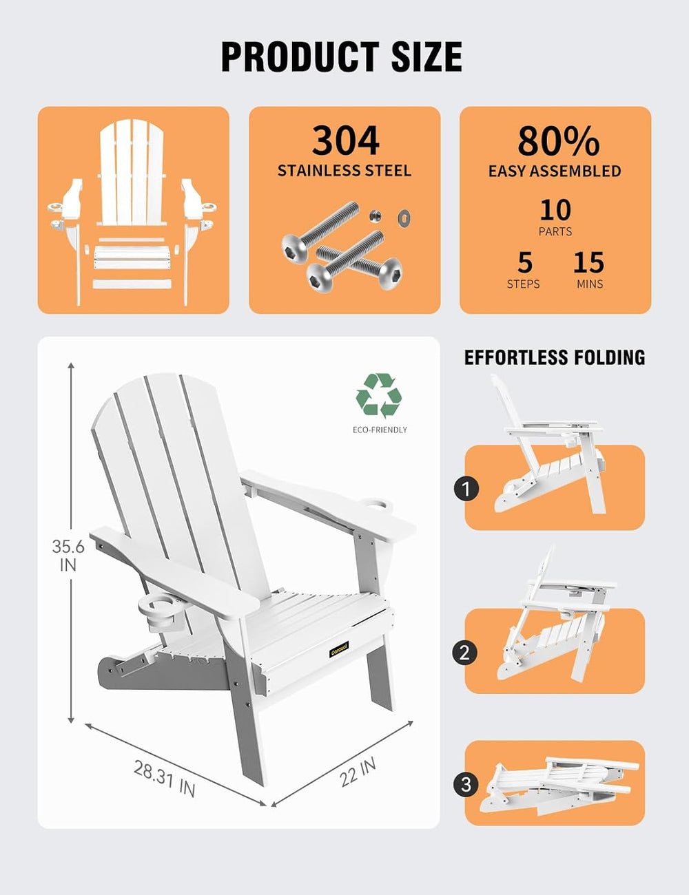 Folding Adirondack Chair, Wooden Textured Plastic Adirondack Chairs with 2 Cu...