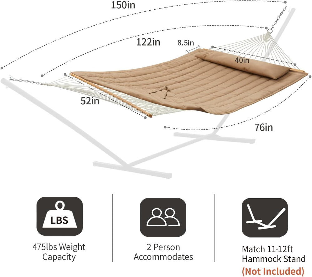 Double Rope Hammock with Spreader Bars Removable Quilted Pad, Pillow