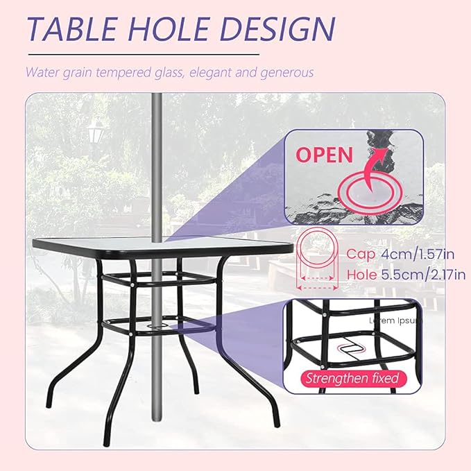 Outdoor Table Patio Table Dining Table with Tempered Glass Umbrella Hole for ...
