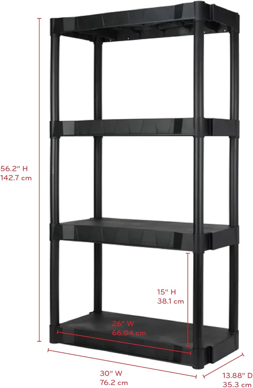 Heavy Duty 4-Tier Storage Shelving Unit, Black Plastic, 30 Inch Wide x 56.2 I...