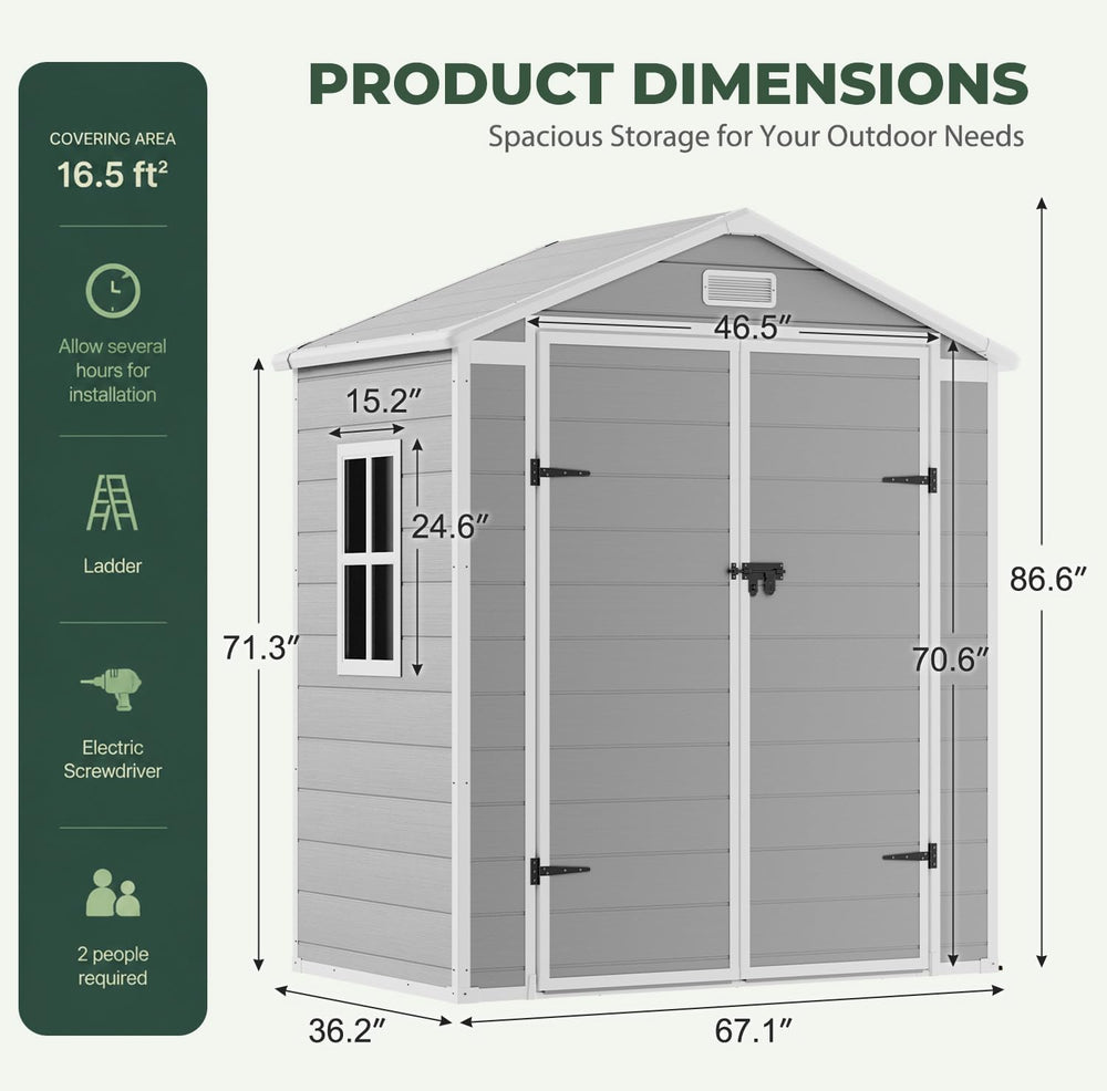 6x3 FT Resin Outdoor Storage Shed with Floor Door Window, Plastic Sheds