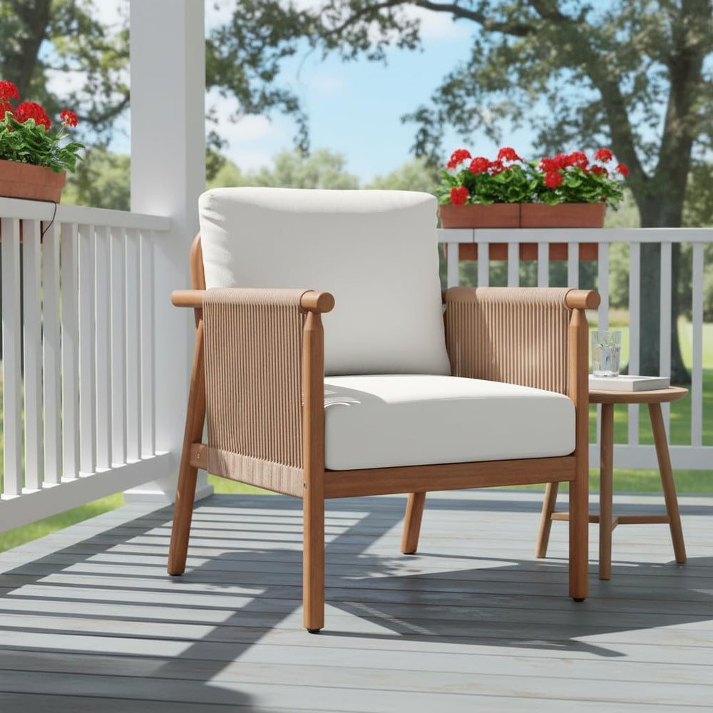 Tangkula Acacia Wood Patio Club Chair, Boho Accent Chair with Woven Rope Armr...