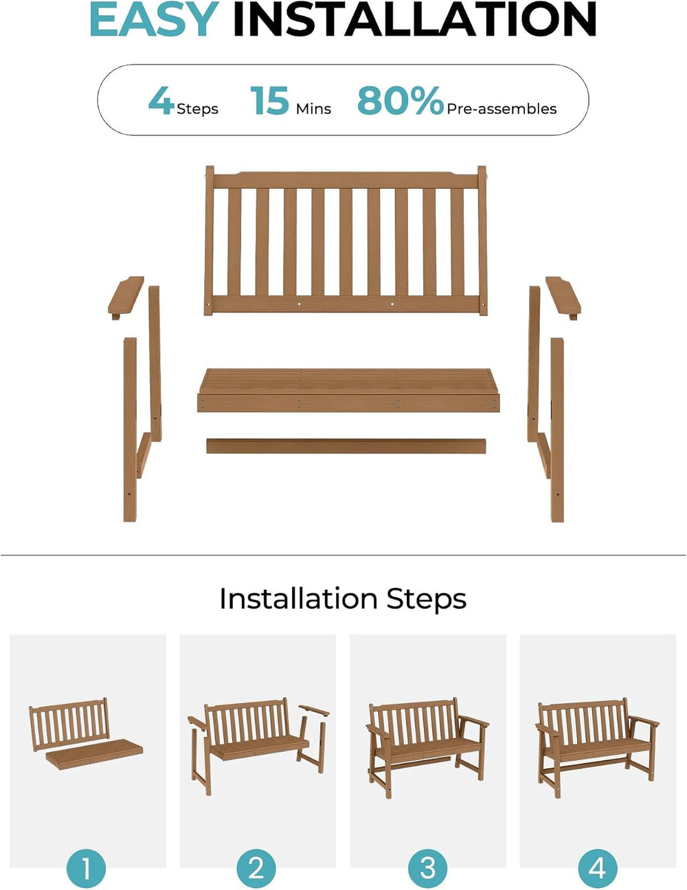 Ciokea 48" Outdoor Bench, HDPE Weatherproof Porch Bench, 2-Person Garden...