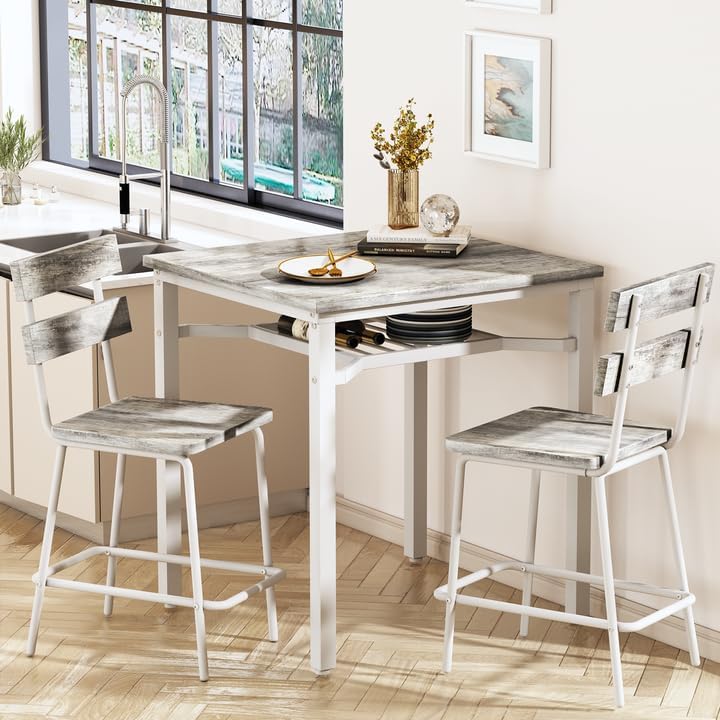 Hooseng 3 Piece Bar Table and Chairs Set, Counter Height Small Dining Table w...