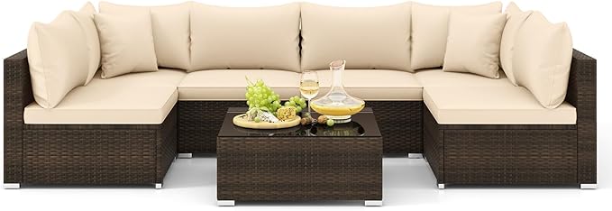 Tangkula 7 Pieces Wicker Patio Furniture Set, All-Weather Outdoor Rattan Sect...