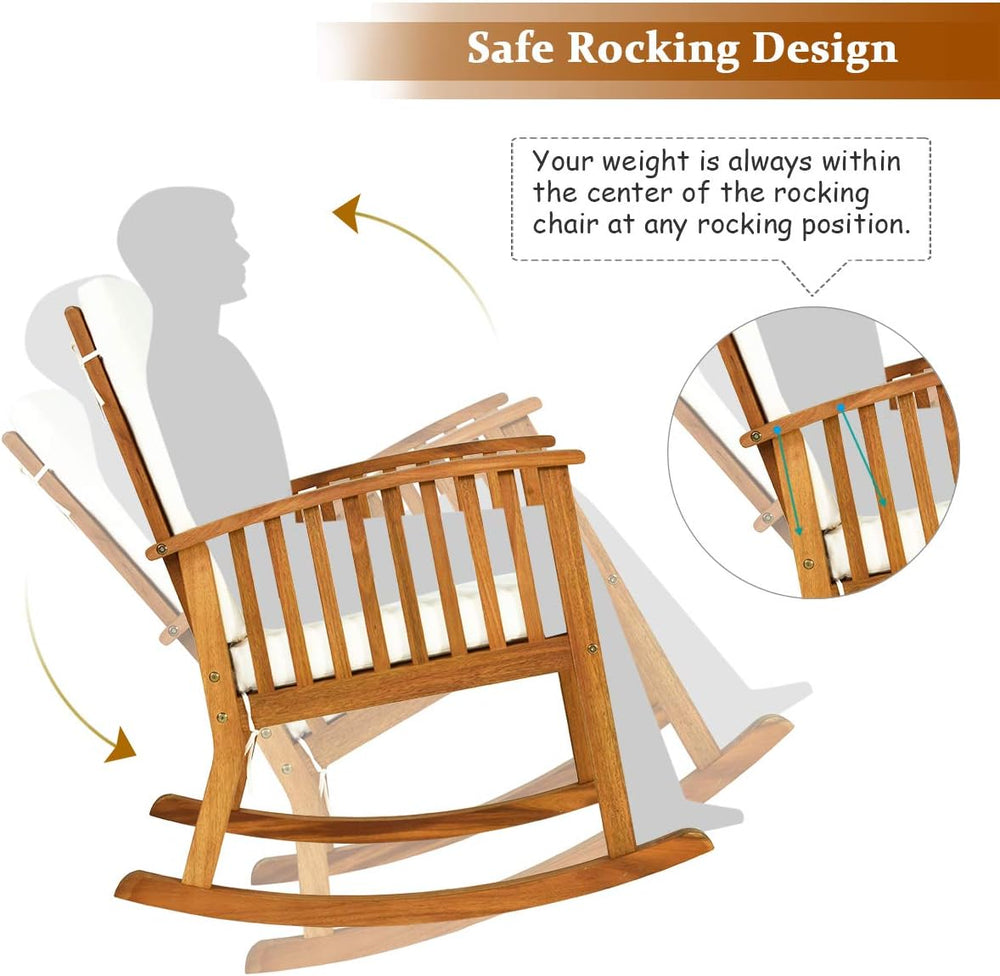 2PCS Rocking Chair Outdoor, Acacia Wooden Rocker Chair with Seat and Back Cus...