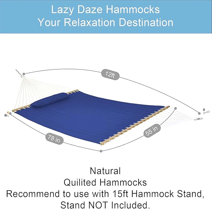 Lazy Daze Hammocks 12 FT Double Quilted Fabric Hammock with Spreader Bar and ...