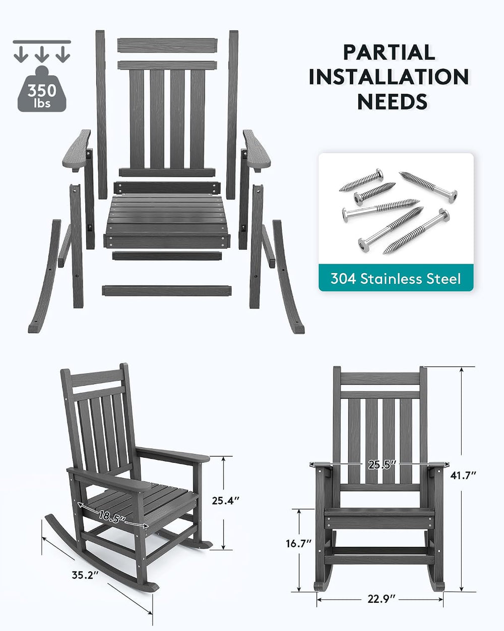 SERWALL Outdoor Rocking Chair Set of 2, HDPE Rocking Chair for Adult, Grey