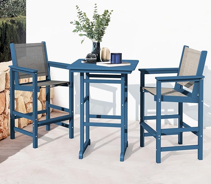 SERWALL 3 Pieces Textilene Adirondack Bar Set, Tall Adirondack Bar Height Cha...