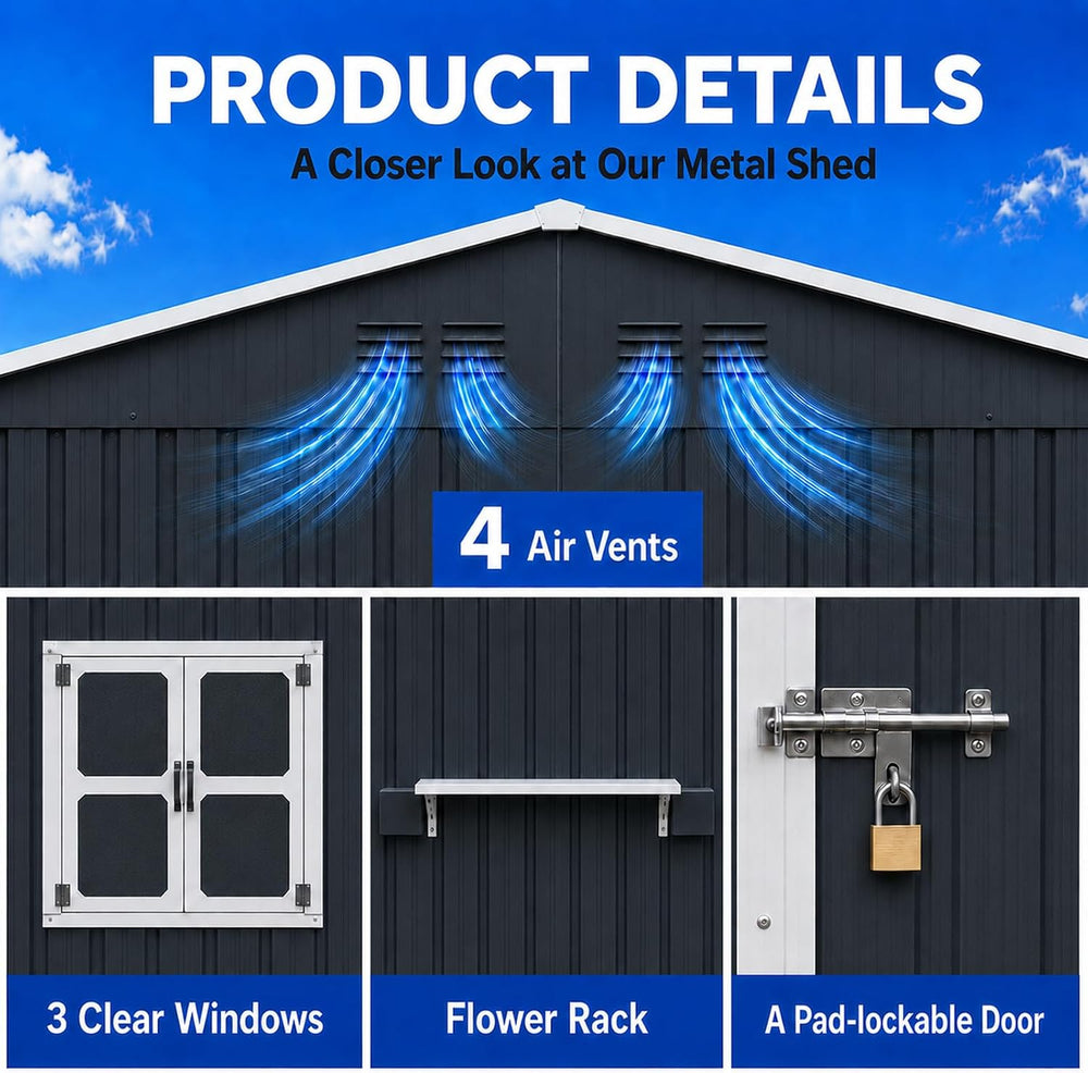 12x10 FT Outdoor Storage Shed with 3 Clear Windows, Metal Garden Shed with Fl...