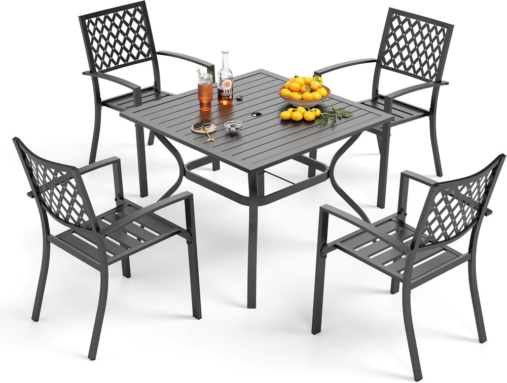 PHI VILLA Patio Dining Set, 4 Stackable Chairs &Square Metal Table