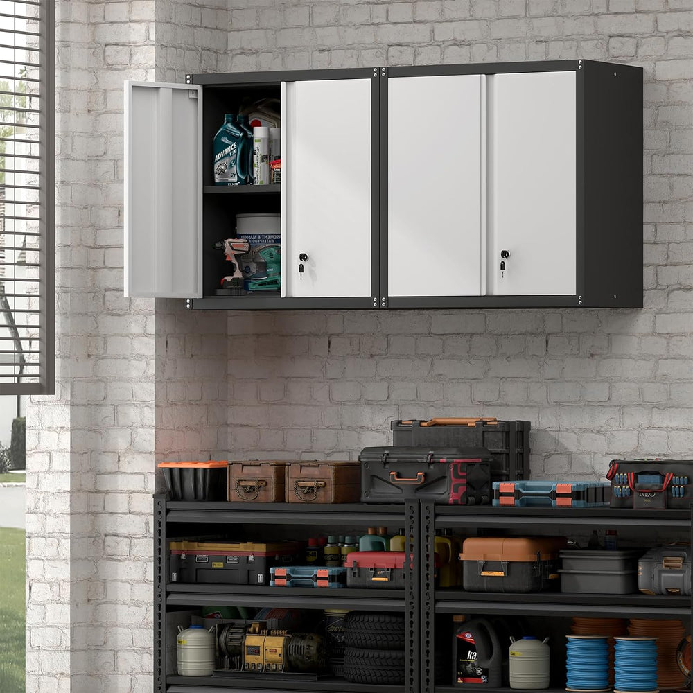 Garage Storage Cabinet, Wall Mounted Locking Cabinet with Doors and Shelves, ...