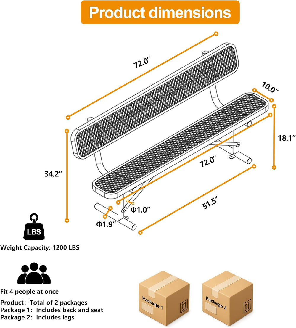 Yaluvantek 6ft Heavy-Duty Outdoor Metal Park Bench for Outside, Black