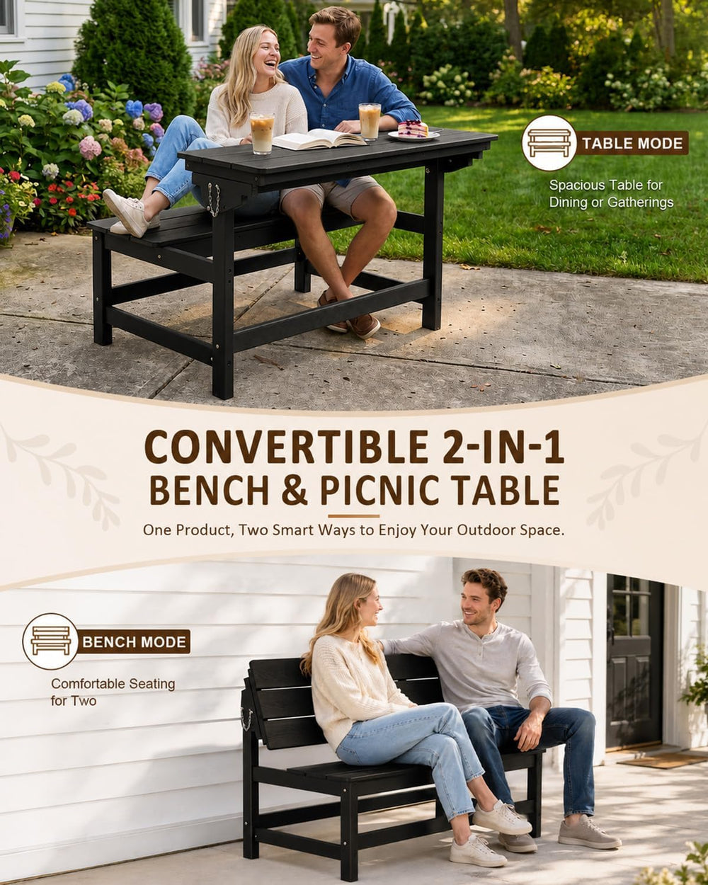 2 in-1 Outdoor Bench, HDPE 2 Person Outside Bench Weatherproof, Black