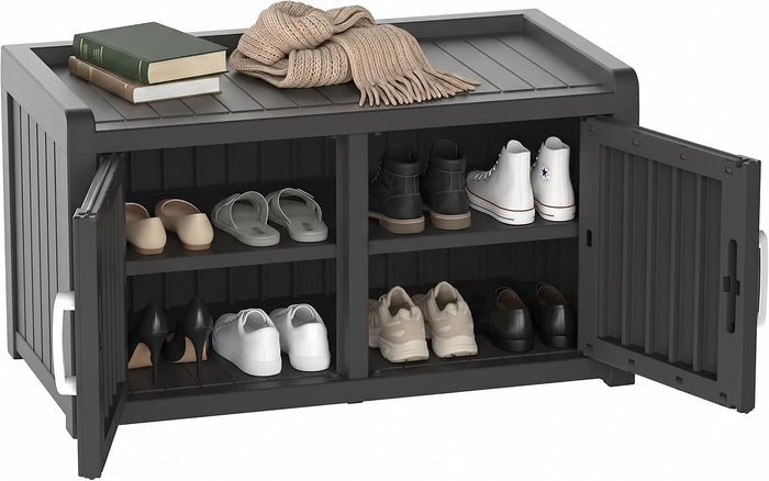 ROJIK Storage Bench, Shoe Organizer with Adjustable Shelves, Black