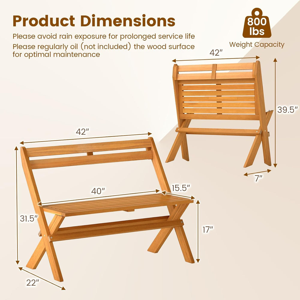 Tangkula Foldable Acacia Wood Outdoor Bench, 2-Person Patio Garden Bench with...
