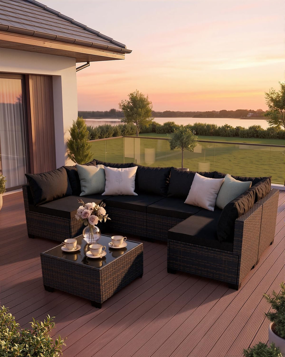 WWR 7 Piece Outdoor Patio Furniture Set, All-Weather Modular PE Wicker Sectio...