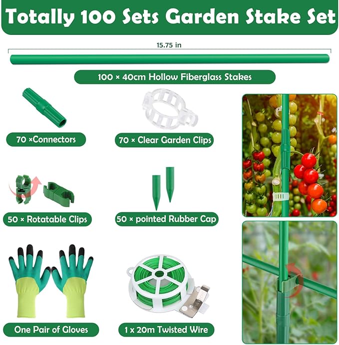 Cludoo 342PCS Garden Stakes Set with 100 Sets Fiberglass Plant Stakes Sticks ...