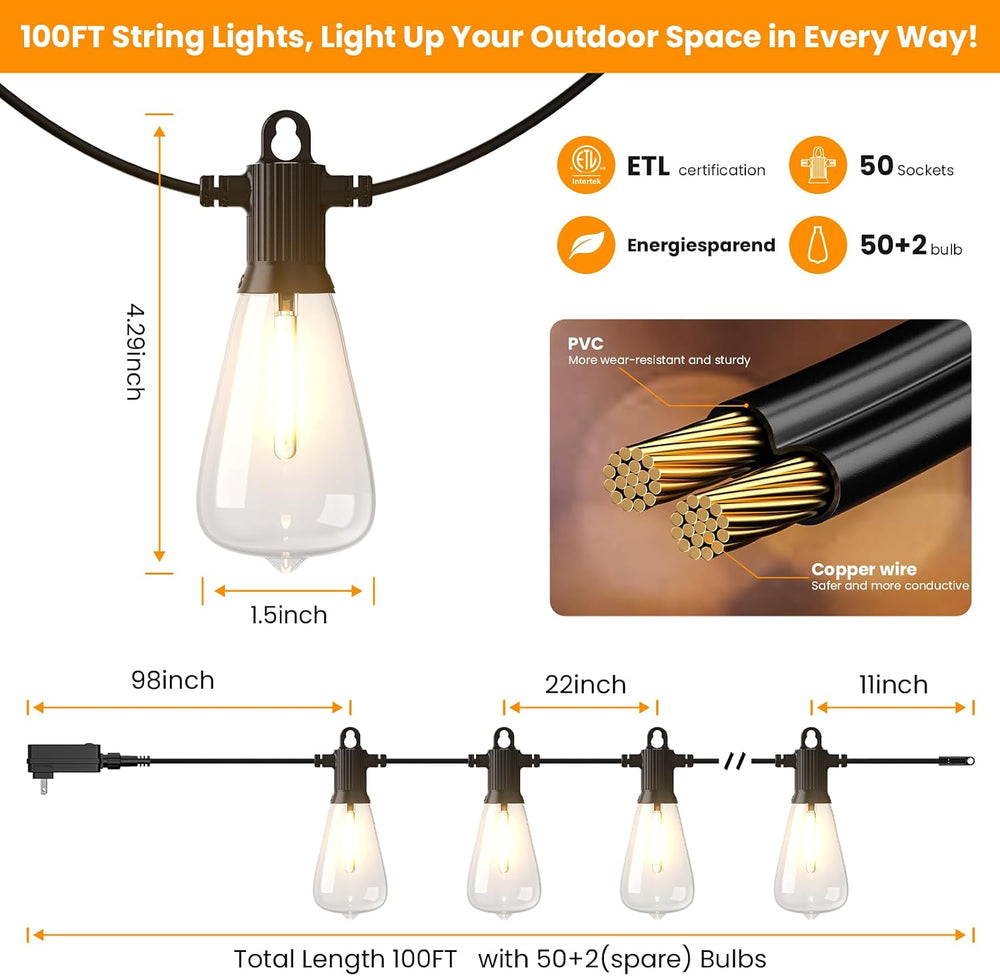 Kawaya ST38 100FT Outdoor String Lights, 2700k~6000k Dimmable Discolor IP65