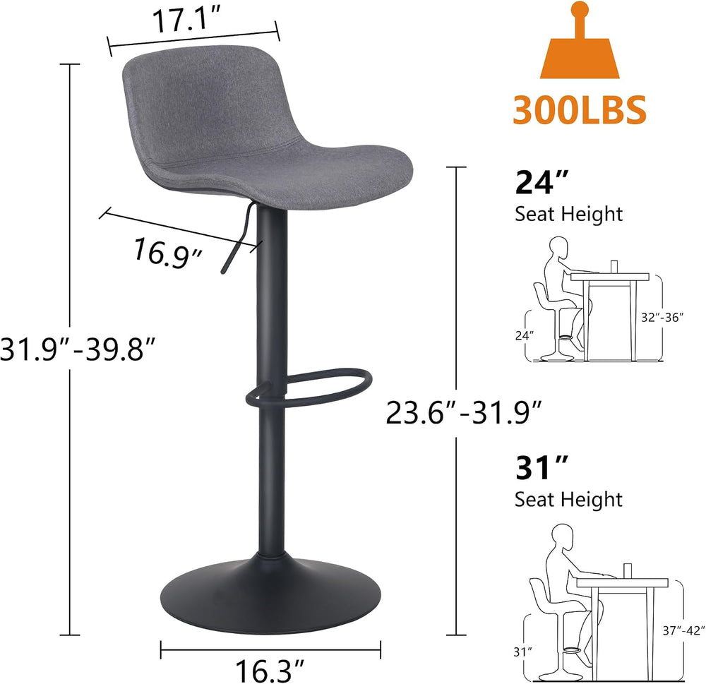YOUTASTE Fabric Grey Bar Stools Set of 2, Modern Upholstered Counter Height B...