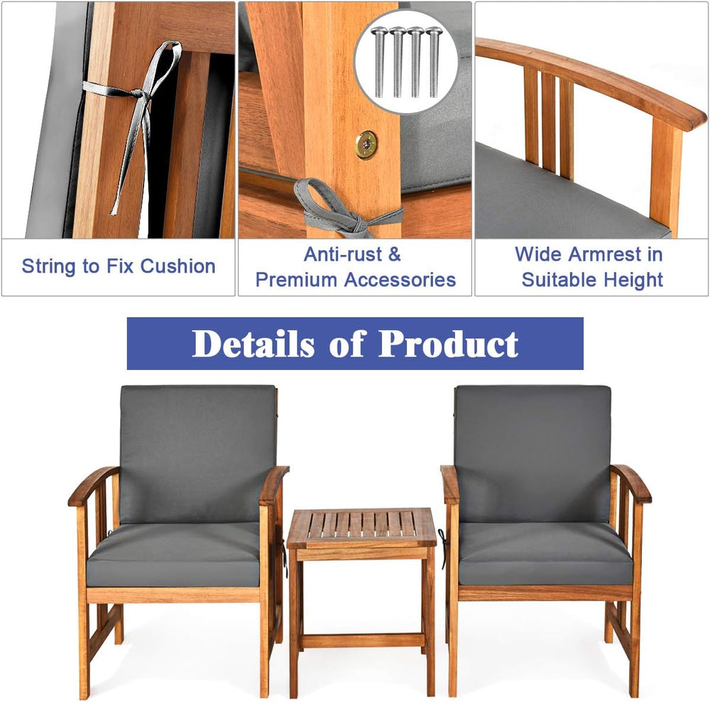 DORTALA 3 Pieces Acacia Wood Patio Furniture, 2 Person Patio Set with Cushion...