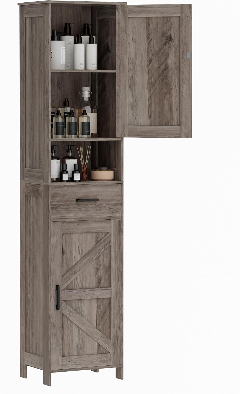 67" H Tall Bathroom Storage Cabinet with Barn Doors and Drawer
