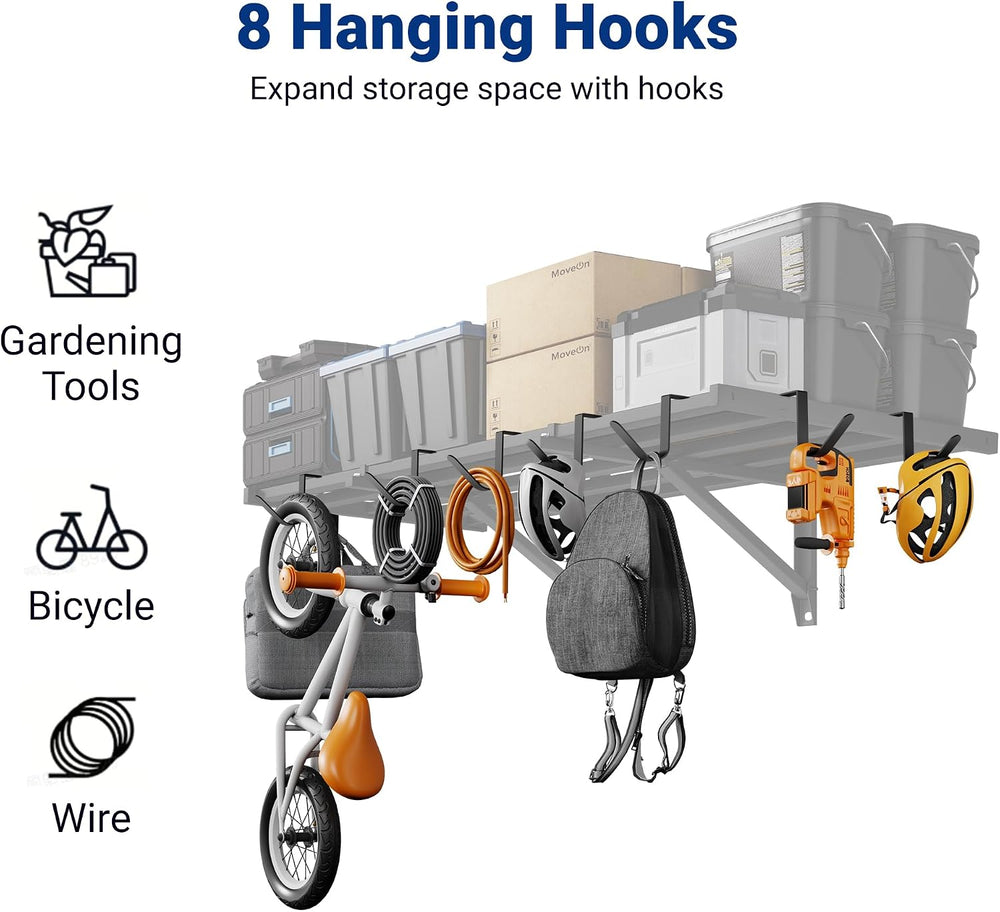 FLEXIMOUNTS 2-Pack 2x4ft Garage Shelving Wall Mounted, 8 Hooks, 400lbs