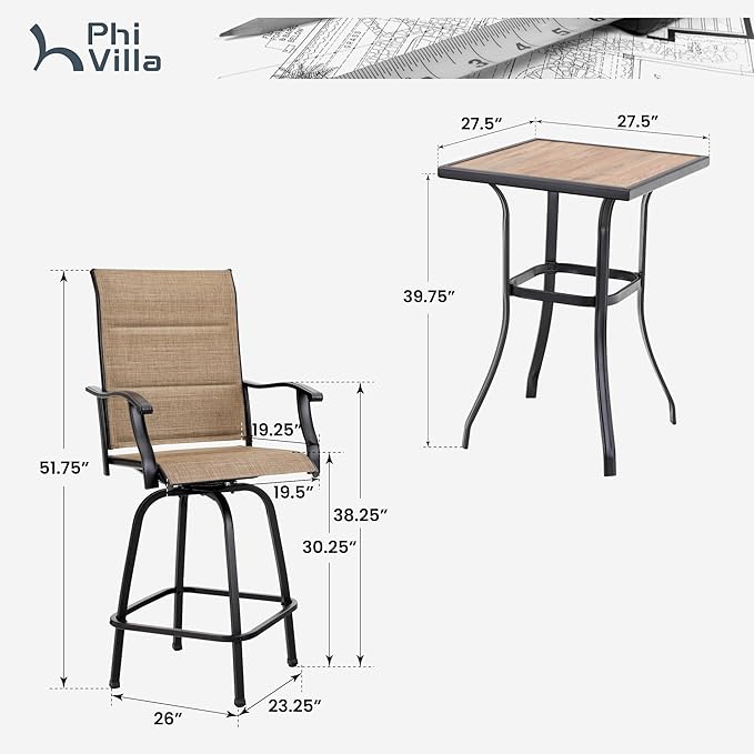 PHI VILLA 3 Piece Outdoor Swivel Bar Stools Set, Bar Height Patio Set with 2 ...