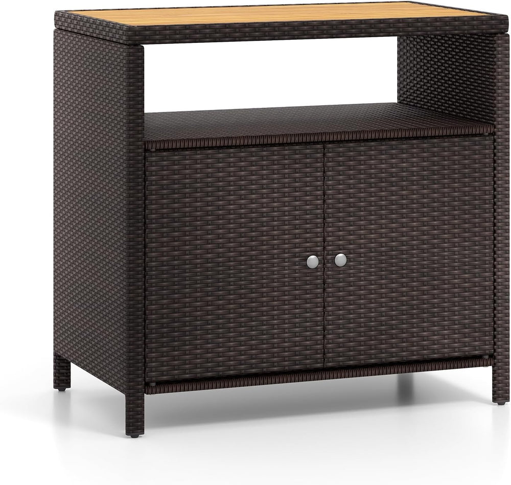 Rattan Storage Cabinet, Outdoor & Indoor Sideboards with Acacia Wood Coun...