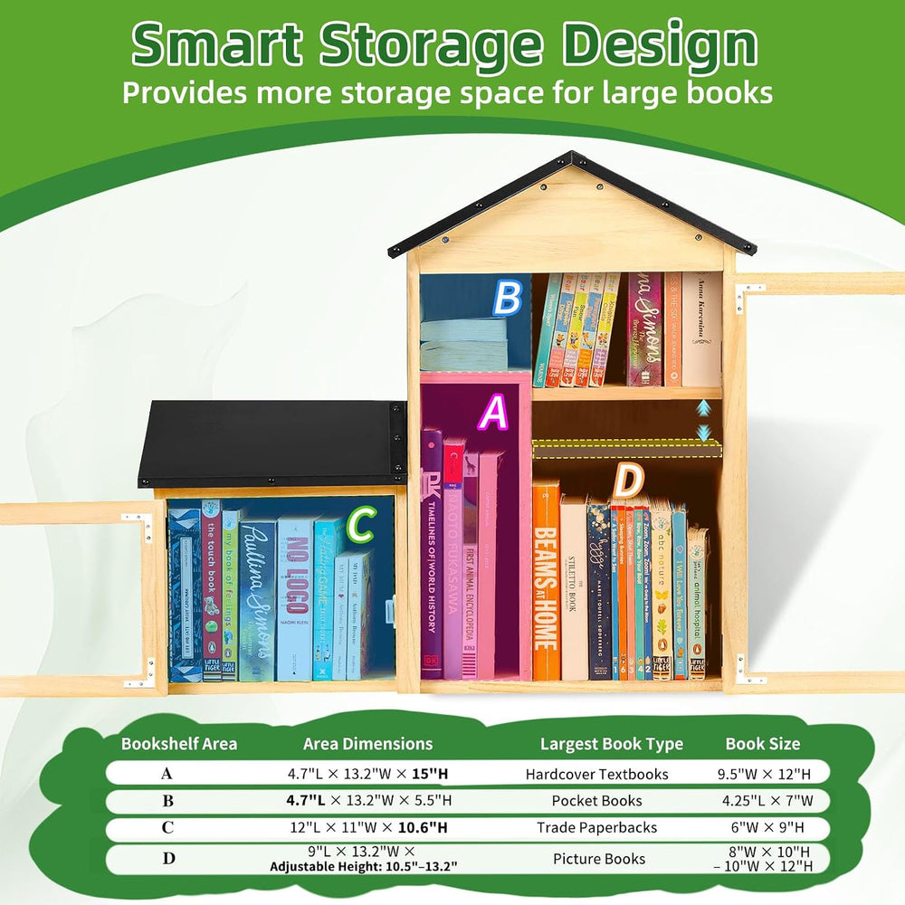 Outdoor Library Book Box, Solid Wood Free Library with Large & Small Comp...