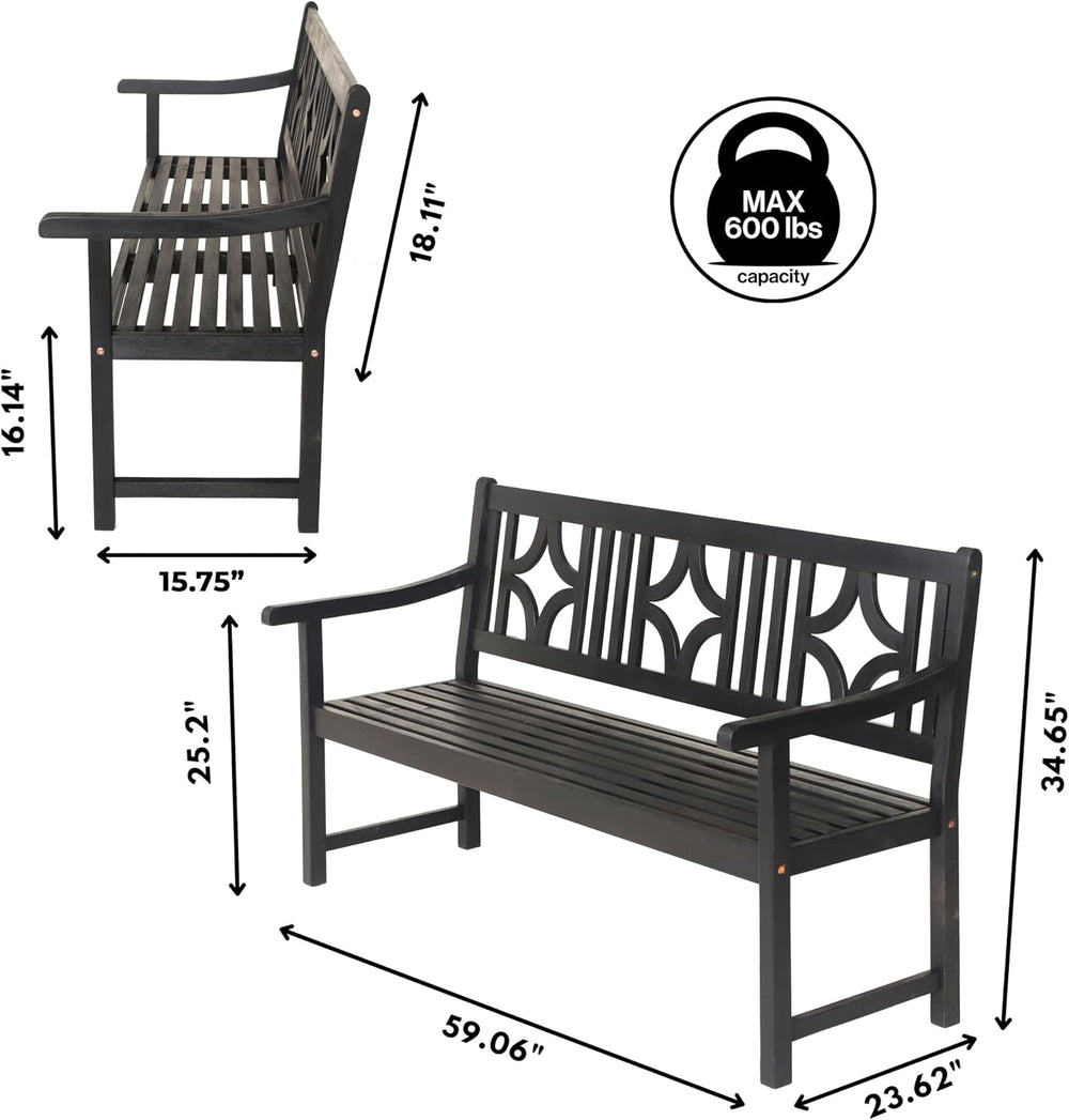 JONATHAN Y Sloane 59" Ogee Diamond Back Acacia Wood Outdoor Bench, Black
