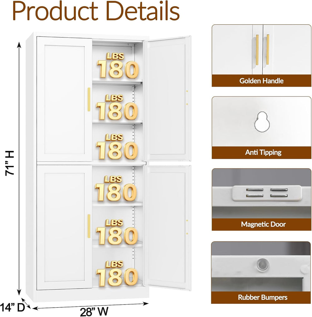CJF White Kitchen Pantry Cabinet,71 Inch Tall Metal Storage Cabinet with 4 Ad...