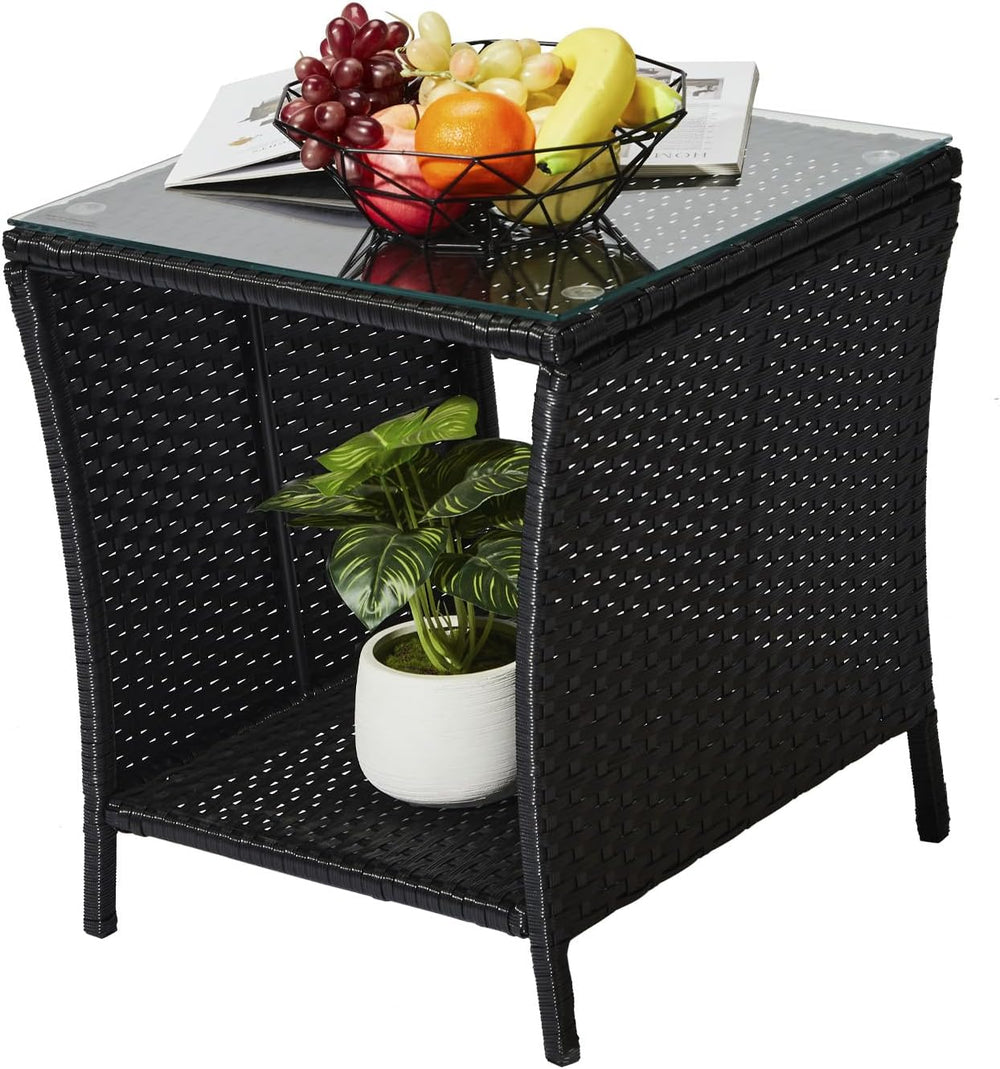 Outdoor Wicker Rattan Side Table, Square Rattan Coffee End Table Patio Wicker...