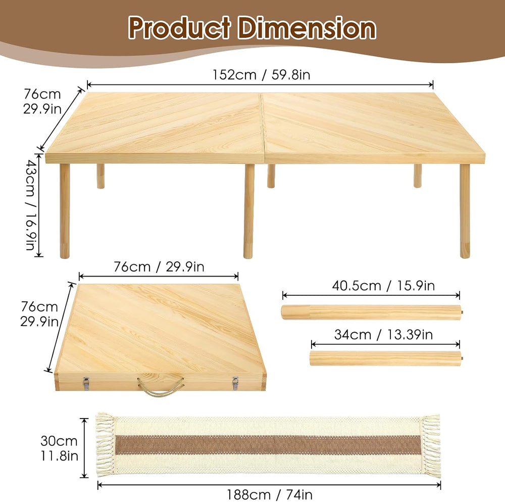 Folding Picnic Table with Table Runner, Portable Boho Low Picnic Table for In...