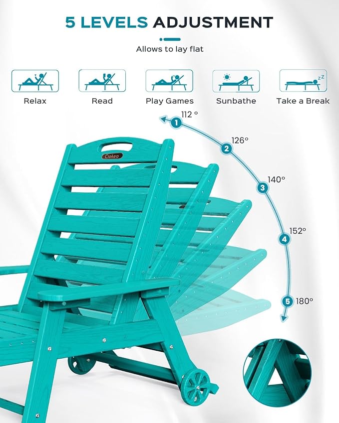 Lounge Chair Outdoor, Oversized Chaise Lounge Chair with 5 Positions, HDPE, P...