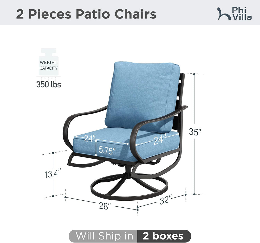 PHI VILLA Metal Swivel Patio Chair Set of 2 with 5.75" Cushion, Denim Blue