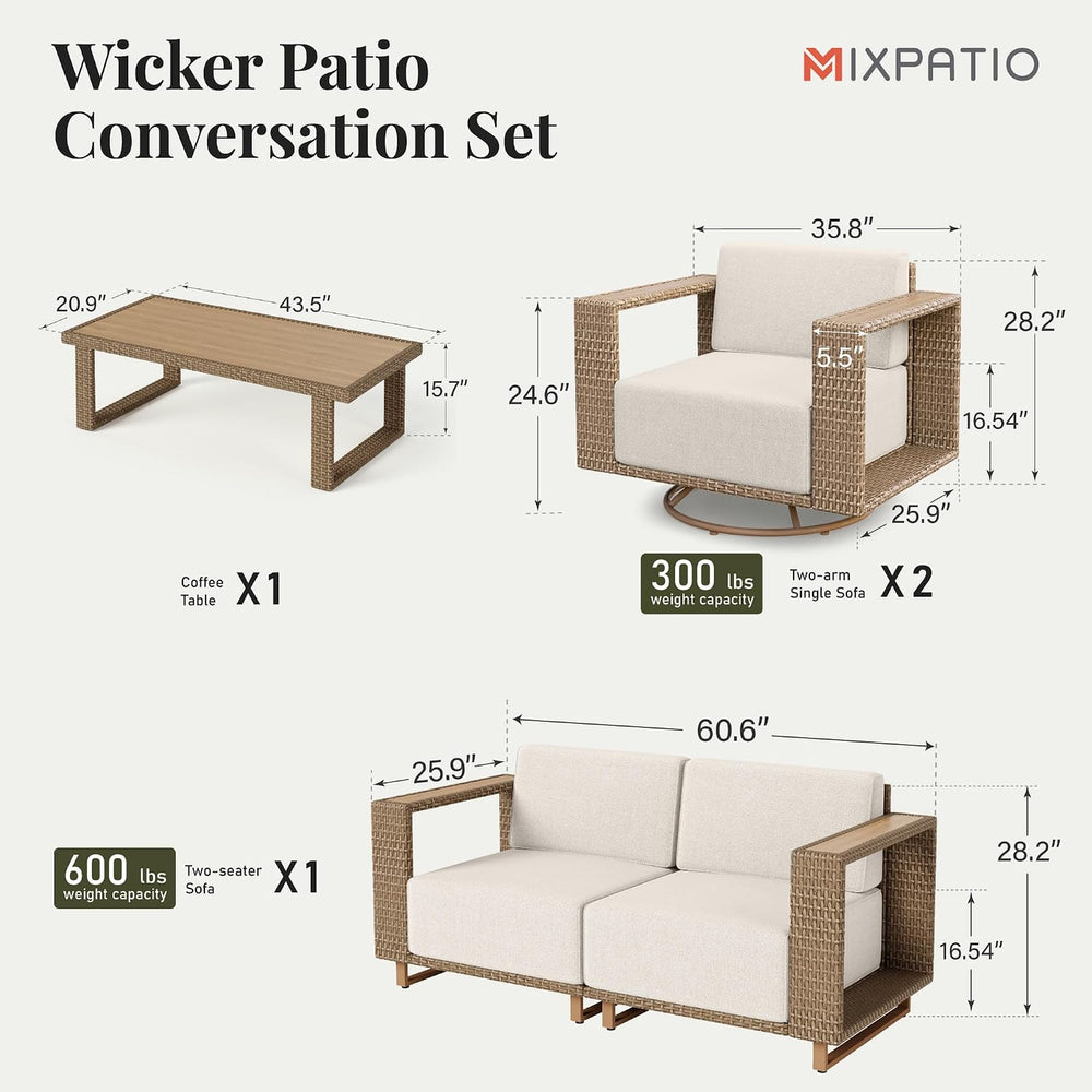 MIXPATIO Patio Furniture Set with Swivel Chairs &10" Thick Cushions