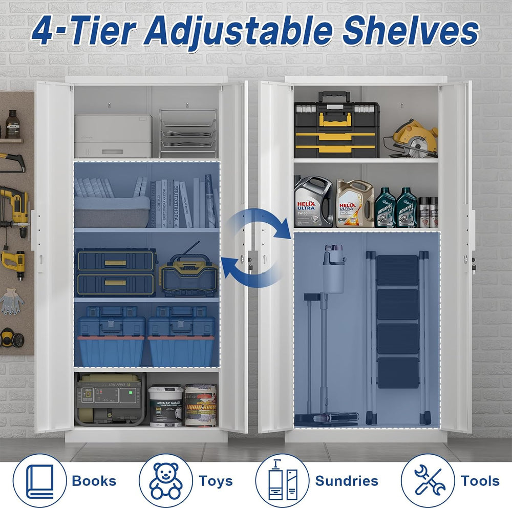 White Metal Storage Cabinet with Doors and Shelves, 71" Tall Metal Garag...