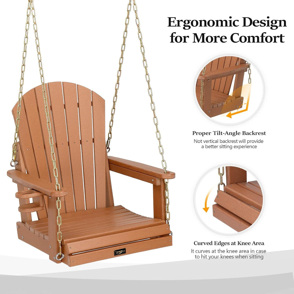 VINGLI 2.2FT HDPE Porch Swing, Patio Swing with Rotatable Cup Holder, Teak