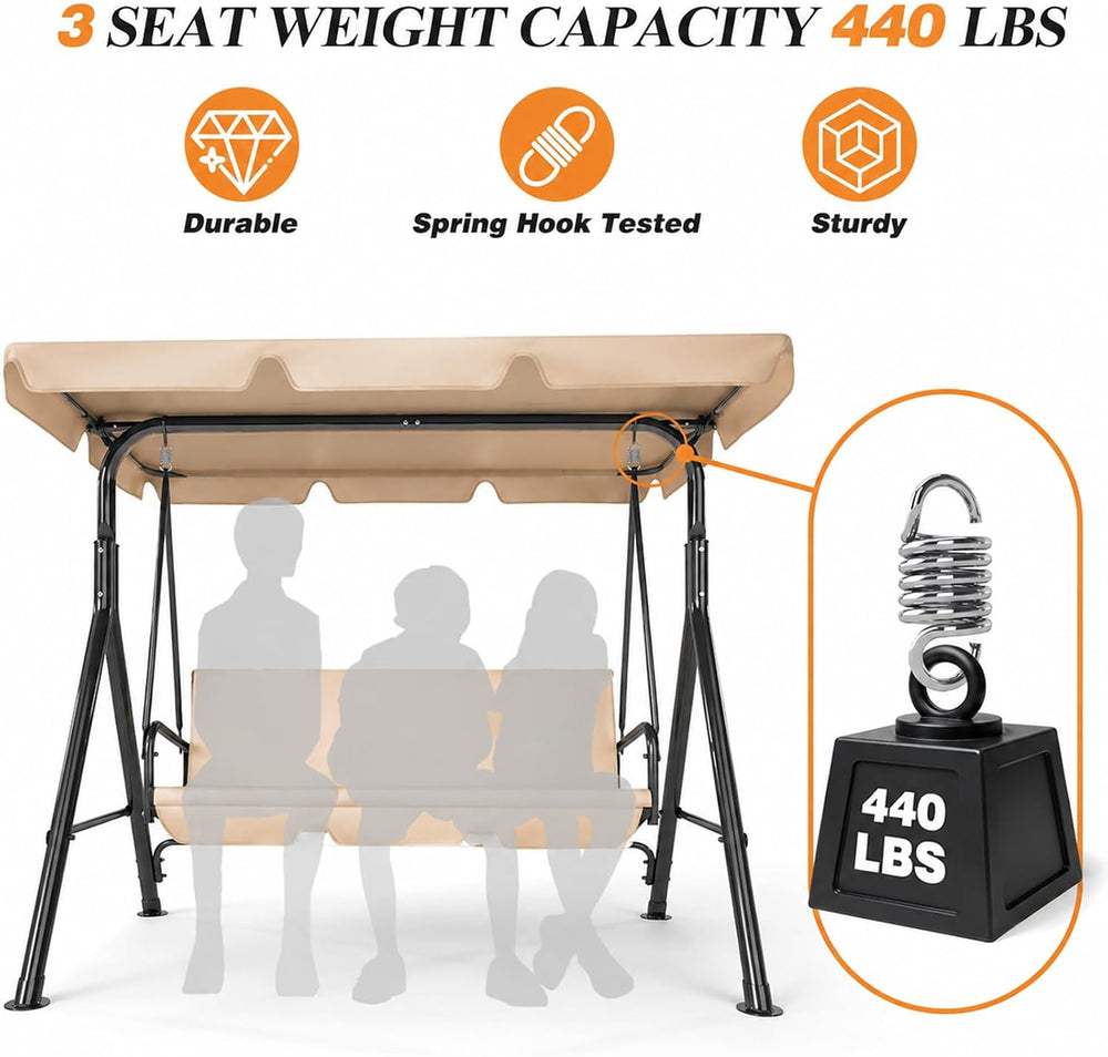 Garvee 3 Seat Outdoor Porch Swing with Adjustable Canopy, Patio Swing Chair w...